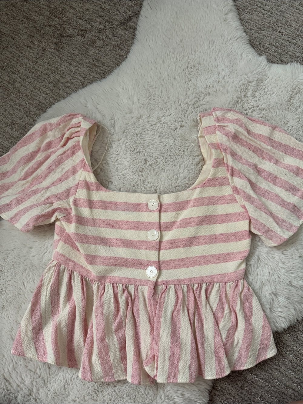 Zara Pink and Cream Striped Puff Sleeve Peplum Top
